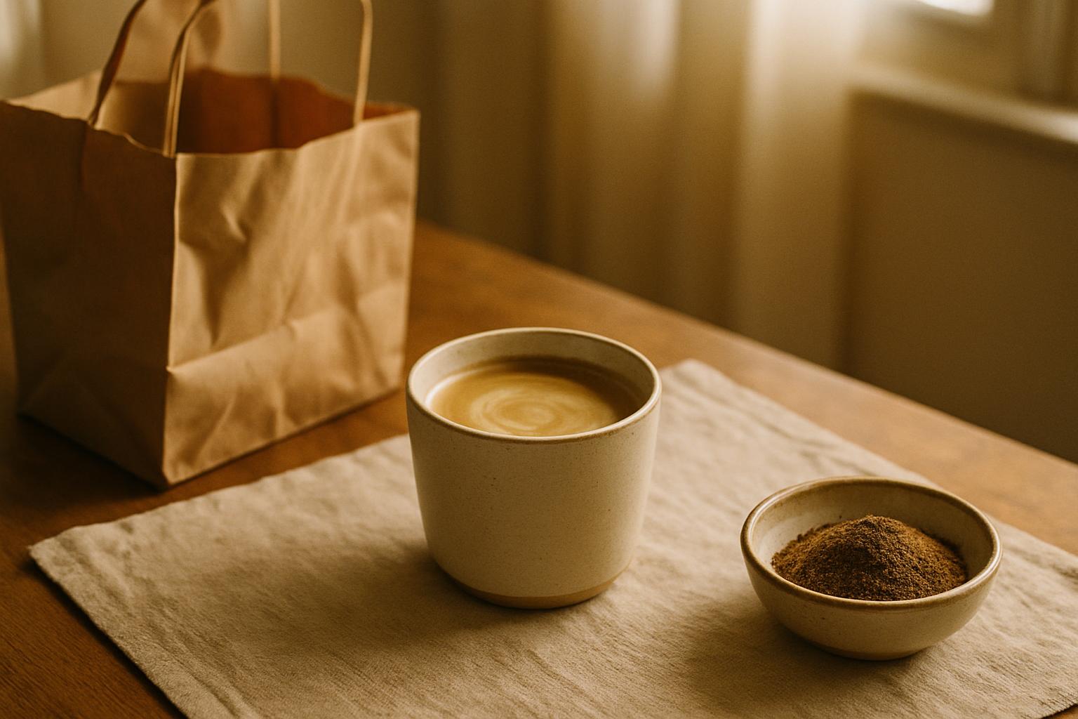 Eenvoudig kopje hojicha latte op een keukentafel naast een boodschappentas en een schaaltje poeder
