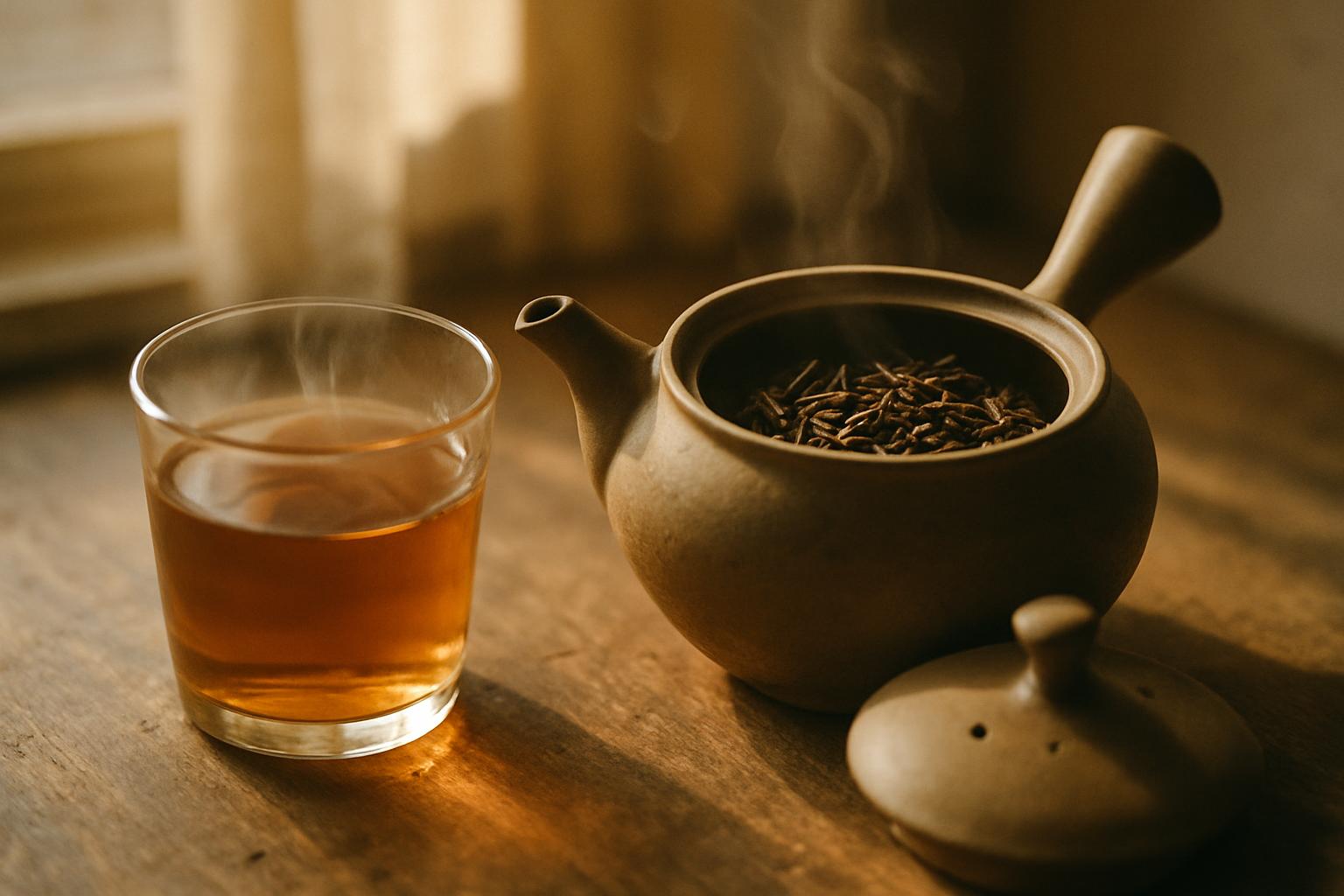 Losse geroosterde theebladeren in een kyusu en een glas heldere amberkleurige thee