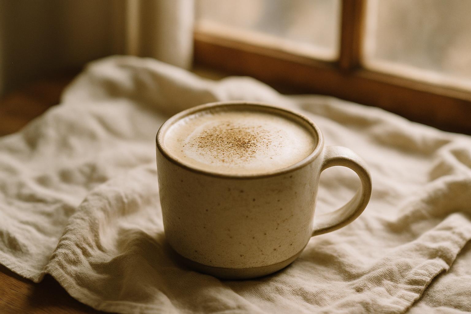 Warme hojicha latte in een stenen mok met een laagje poeder op het schuim