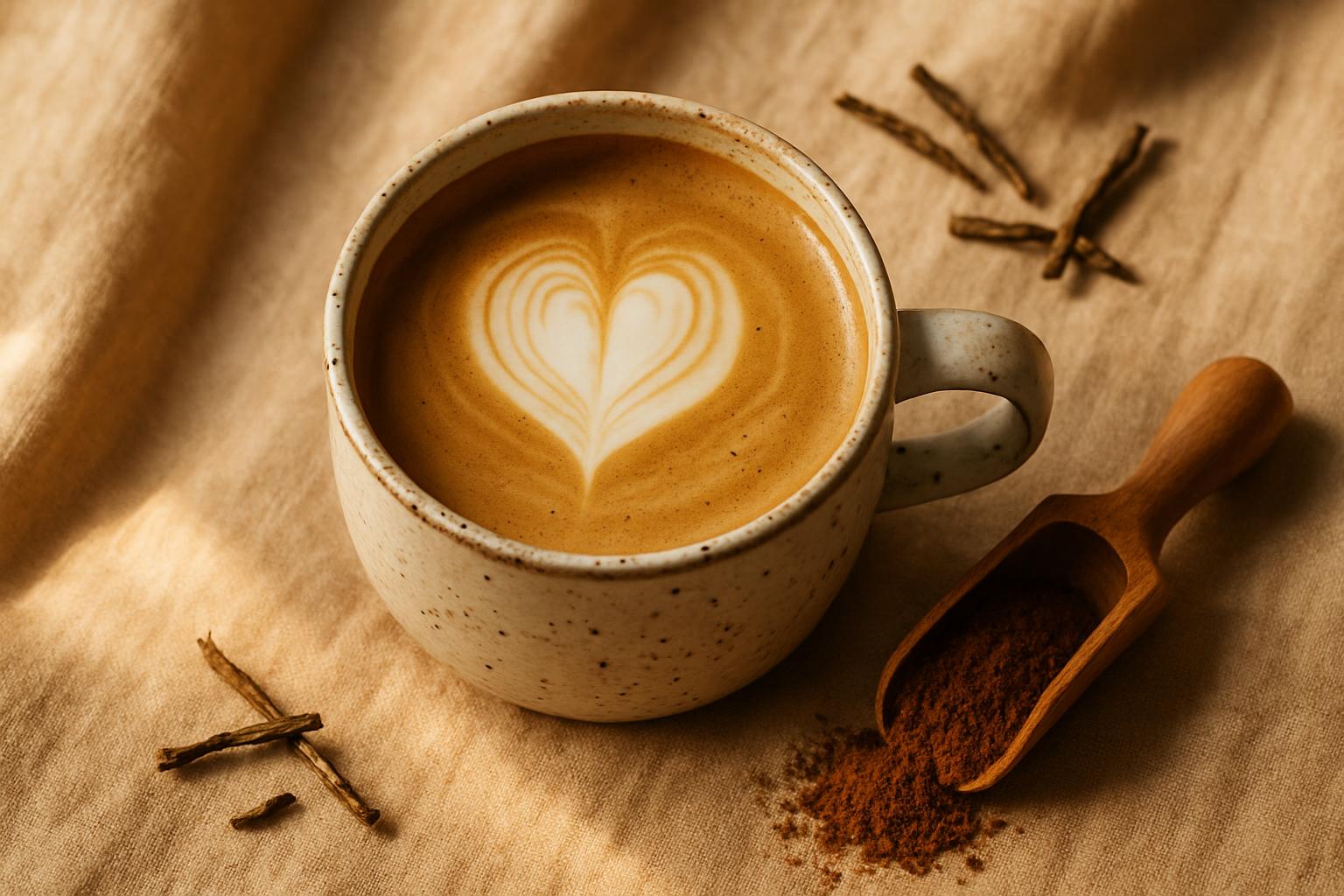 Hojicha latte in een keramieken kop, met een schepje geroosterd poeder ernaast
