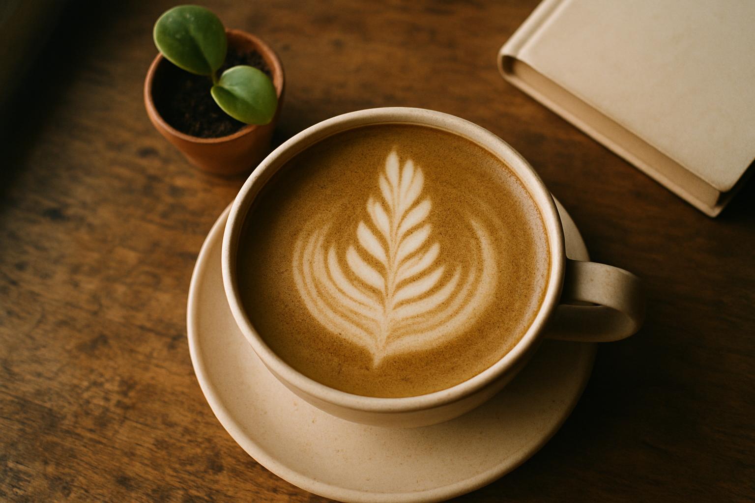 Hojicha latte van boven gezien, met een bladpatroon in het schuim