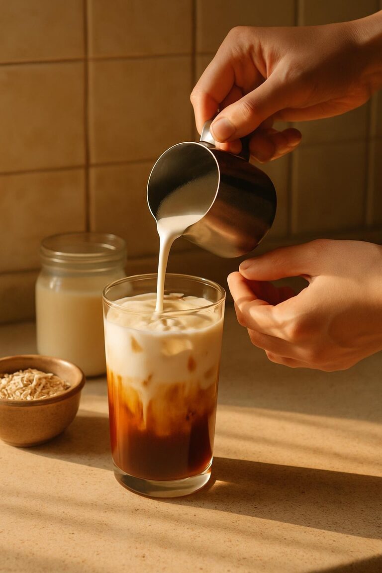 Havermelk wordt in een glas hojicha gegoten