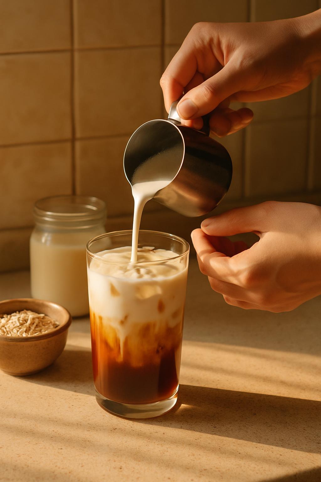 Havermelk wordt in een glas hojicha gegoten