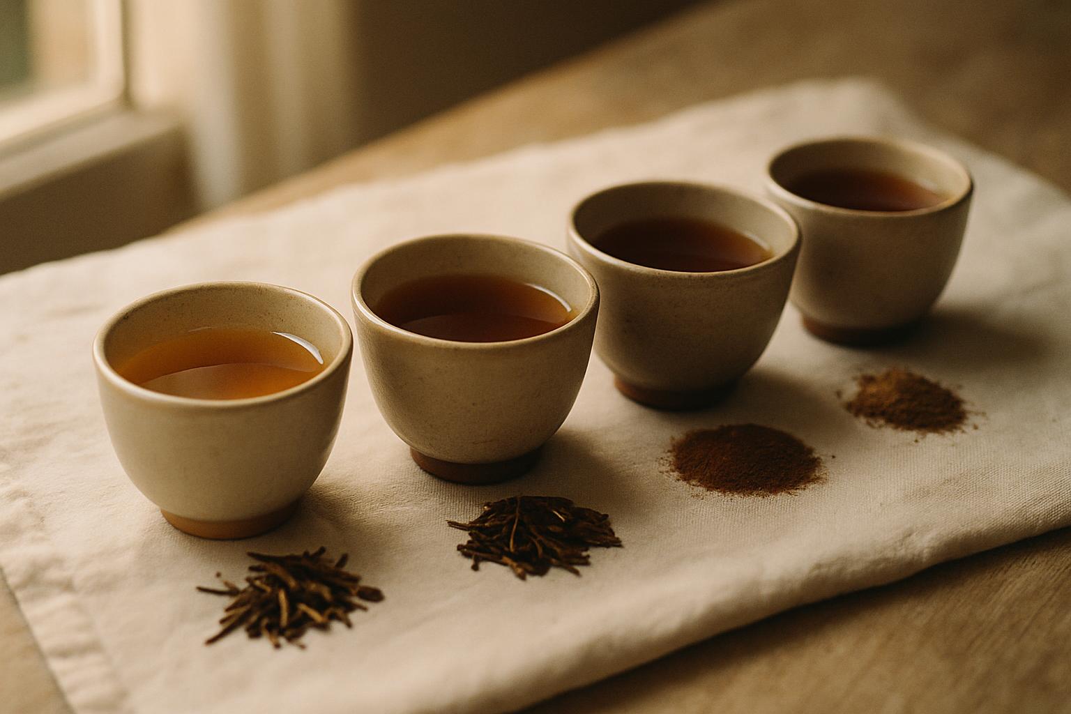 Vier proefkopjes hojicha van licht amber tot donker roodbruin