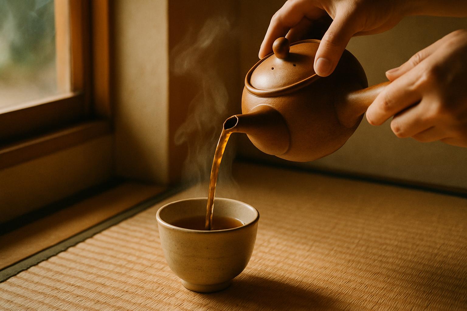 Een kyusu schenkt amberkleurige hojicha in een klein kopje