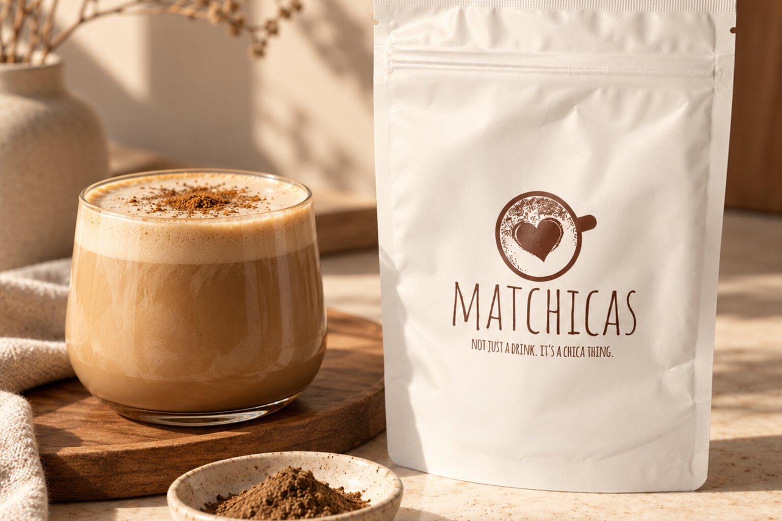 Glas hojicha latte op een houten plankje naast een wit zakje hojicha poeder en een schaaltje bruin poeder
