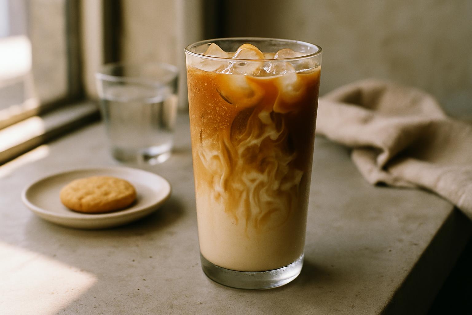 Iced hojicha latte in een hoog glas op een betonnen bar