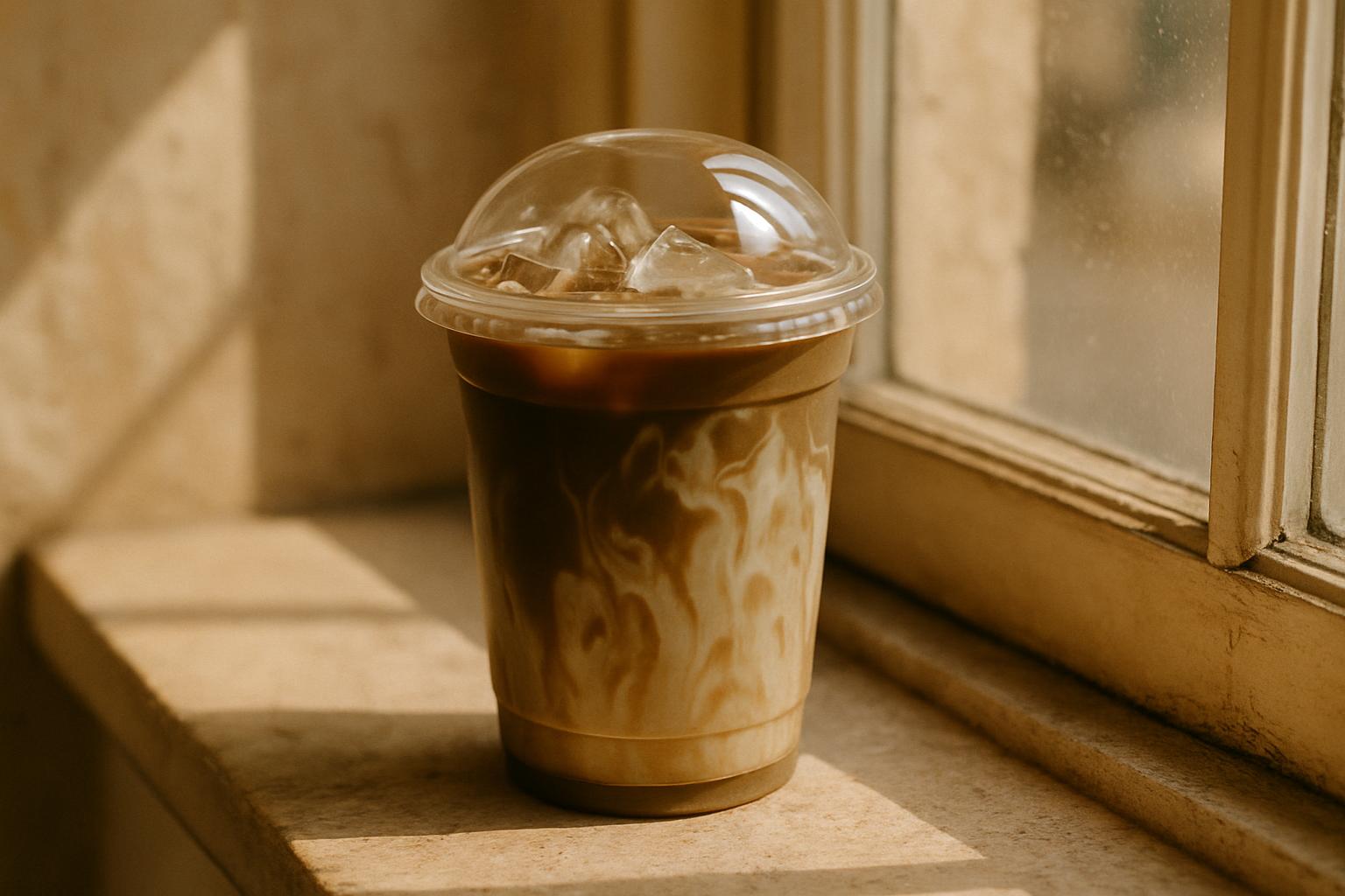 Iced hojicha latte in een doorzichtige beker met havermelkslierten op een zonnige vensterbank
