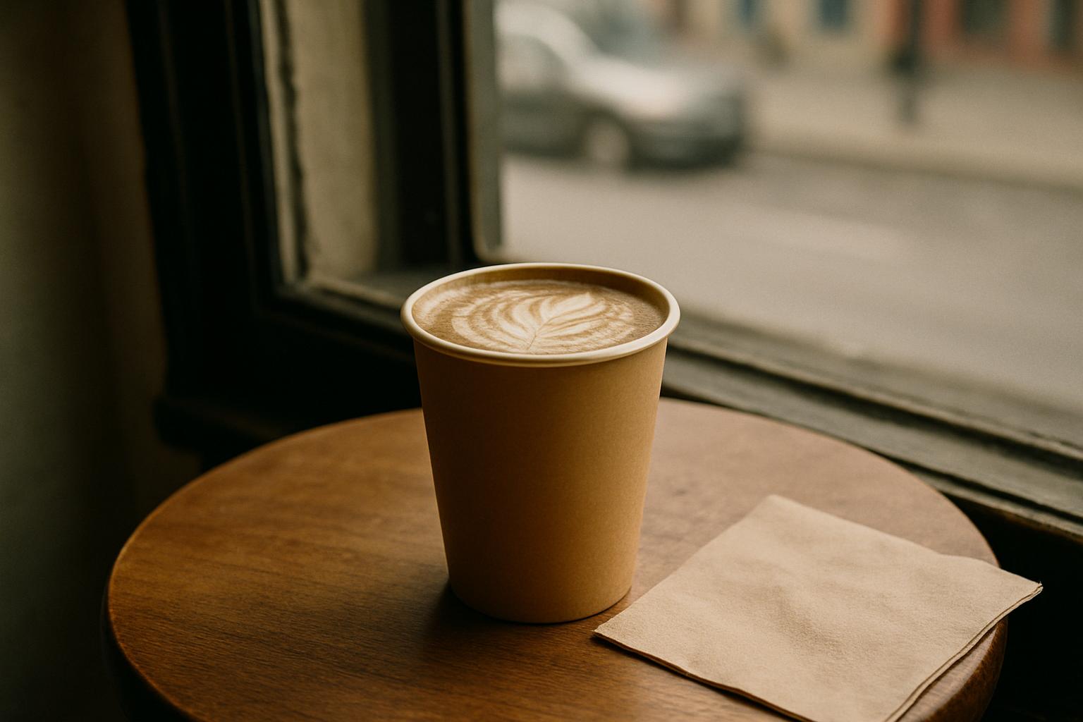 Papieren meeneembeker met hojicha latte op een cafétafeltje bij het raam