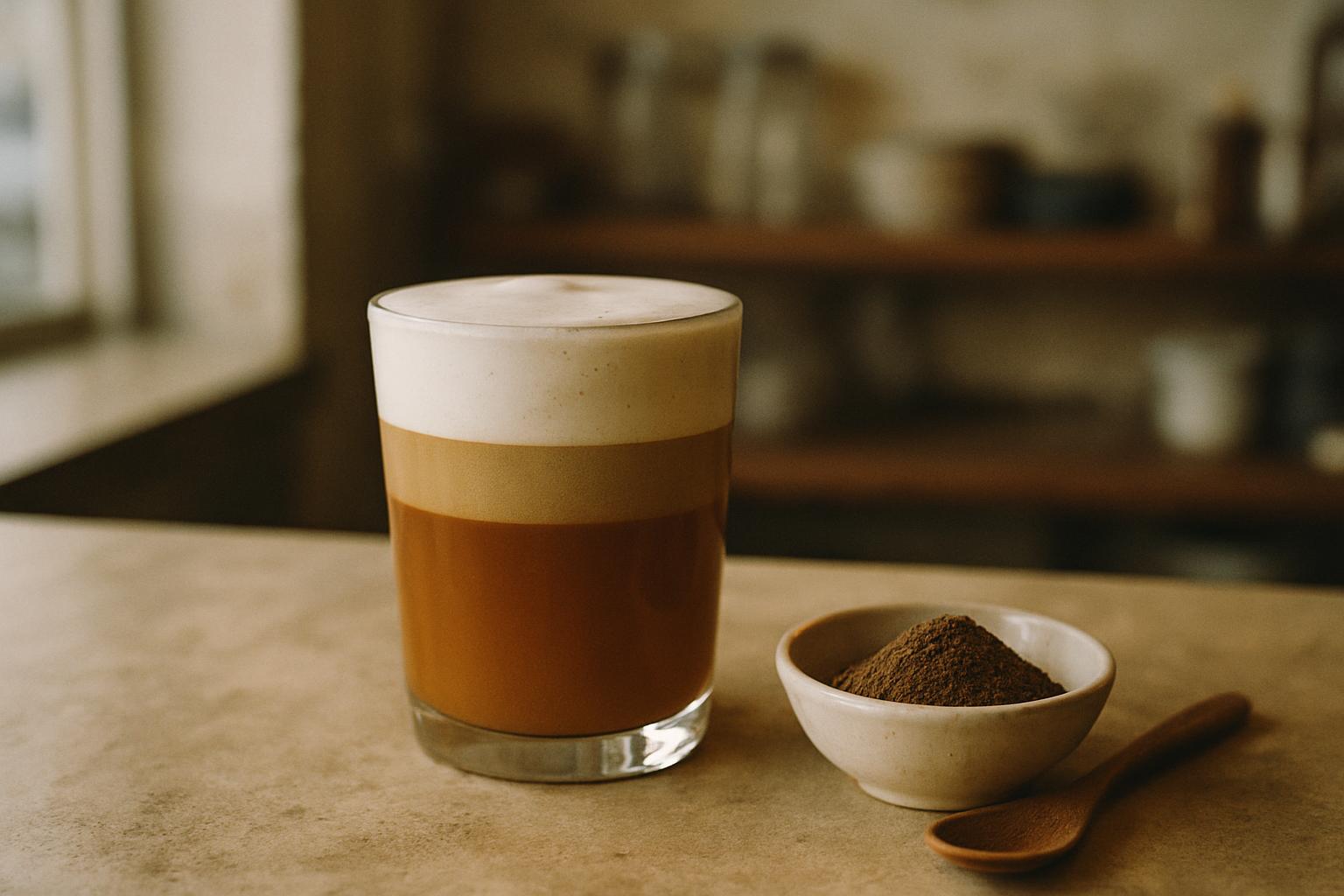 Hojicha latte in een glas met lagen amber thee en melkschuim op een cafébar
